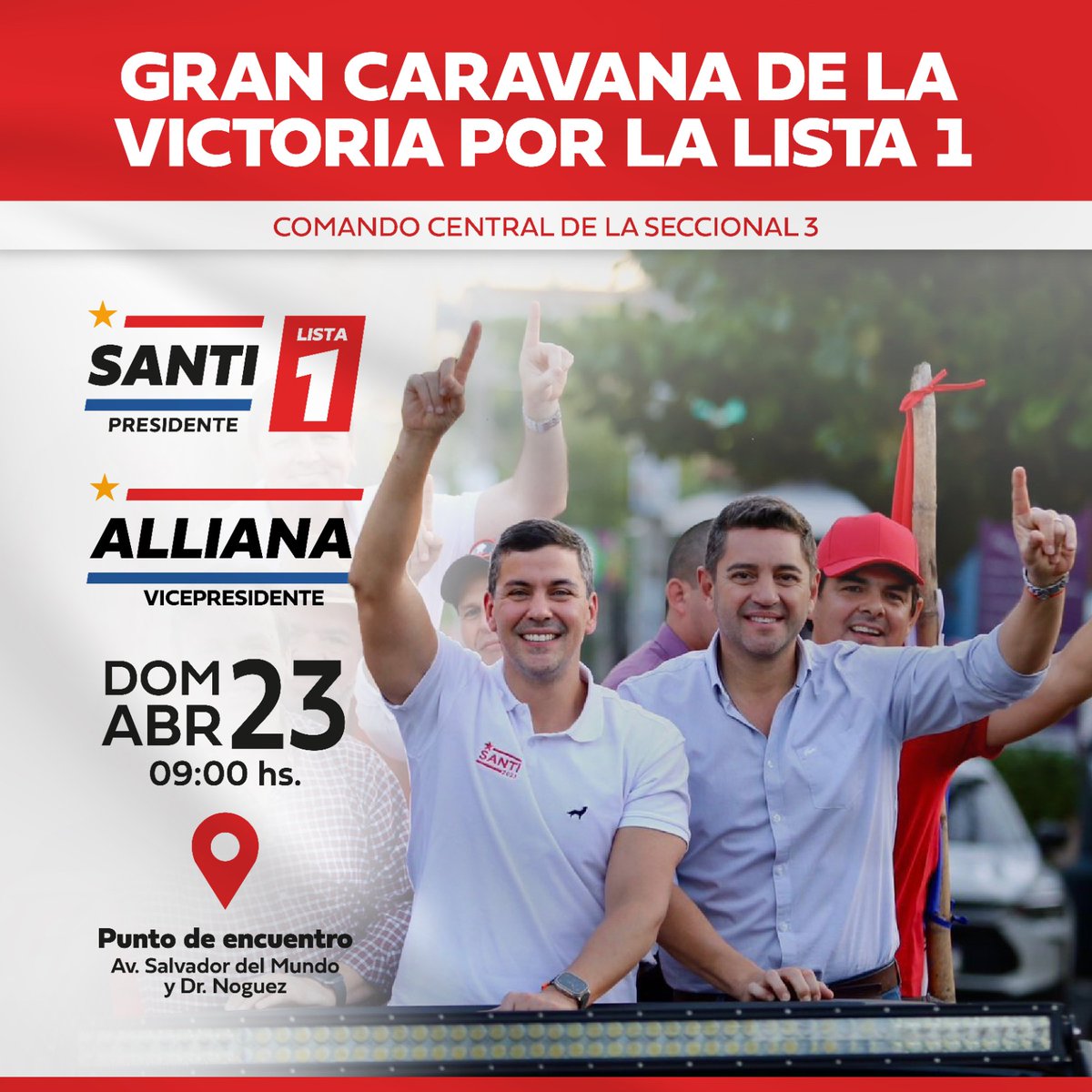 🇵🇾🚩 #Seccional3Capital 👉 Todos los correligionarios de Campo Grande están invitados para participar de la gran Caravana de la Victoria de la #Lista1 organizada por el Comando Central de la Secc. 3.

¡Les esperamos!

#SantiPresidente 🇵🇾🚩
#VamosAEstarMejor 🚩
#SomosLista1 🚩