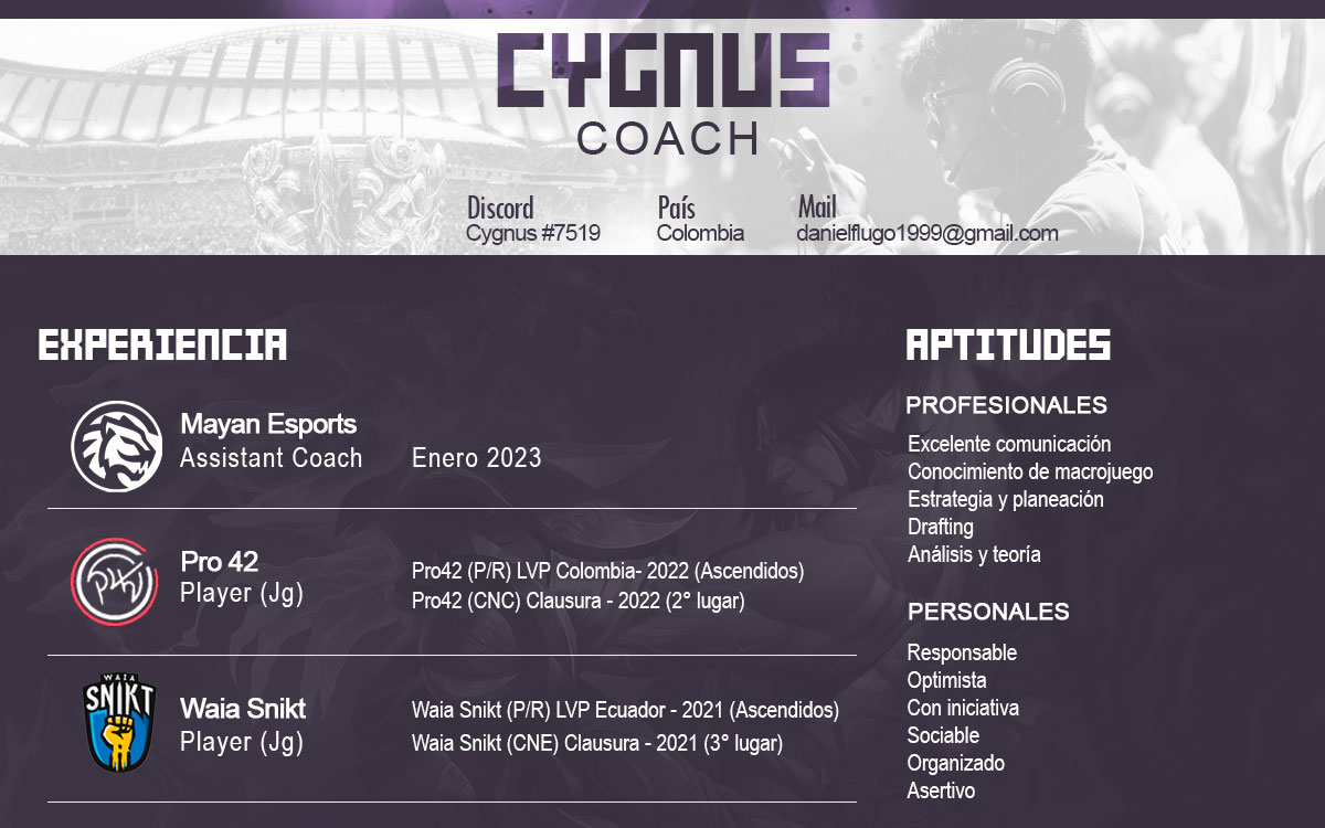 Hola!.
Quiero anunciar que me encuentro F/A interesado en escuchar ofertas/tryouts en el rol de HC/Assistant/Strategic/Positional, para LRN/LRS, me pueden contactar al dm, correo o discord: Cygnus#7519

Agradezco el apoyo y los RT.