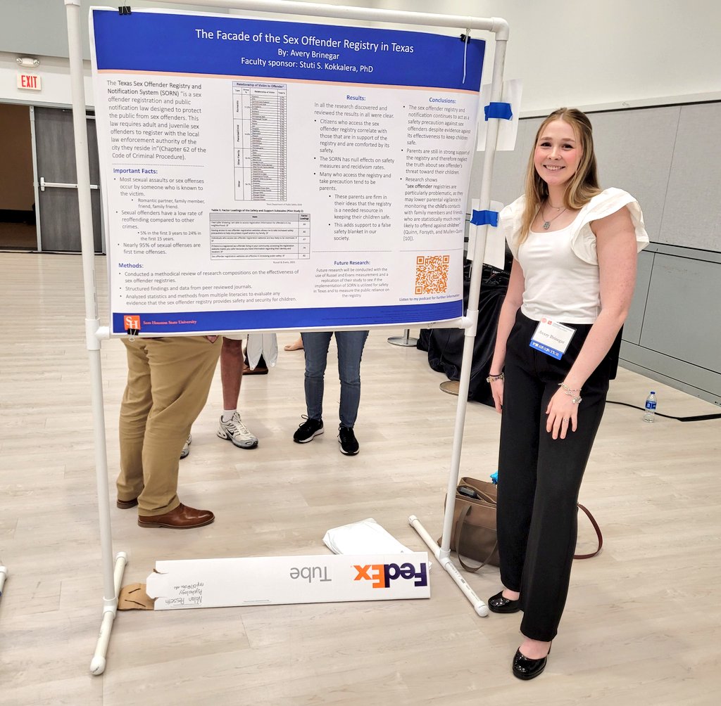 Stu_Kokkalera's tweet photo. So proud of @SHSUCJ students Jessica Ogu and @averymbrinegar for presenting their research today at the @SHSUHonors Undergraduate Research Symposium! This was their first time presenting and they knocked it out of the park 👏 (1/2) https://t.co/bWYxJxvOkL