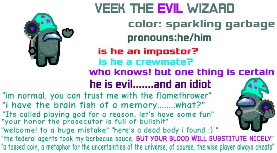 Vikthemaster1's tweet photo. We all need a sona/oc for whatever fandom you're in, so here's my among us oc cause, yesh
Behold, veek the evil wizard
#AmongUs #amongusart #spriteedits https://t.co/LaAq5egtpE