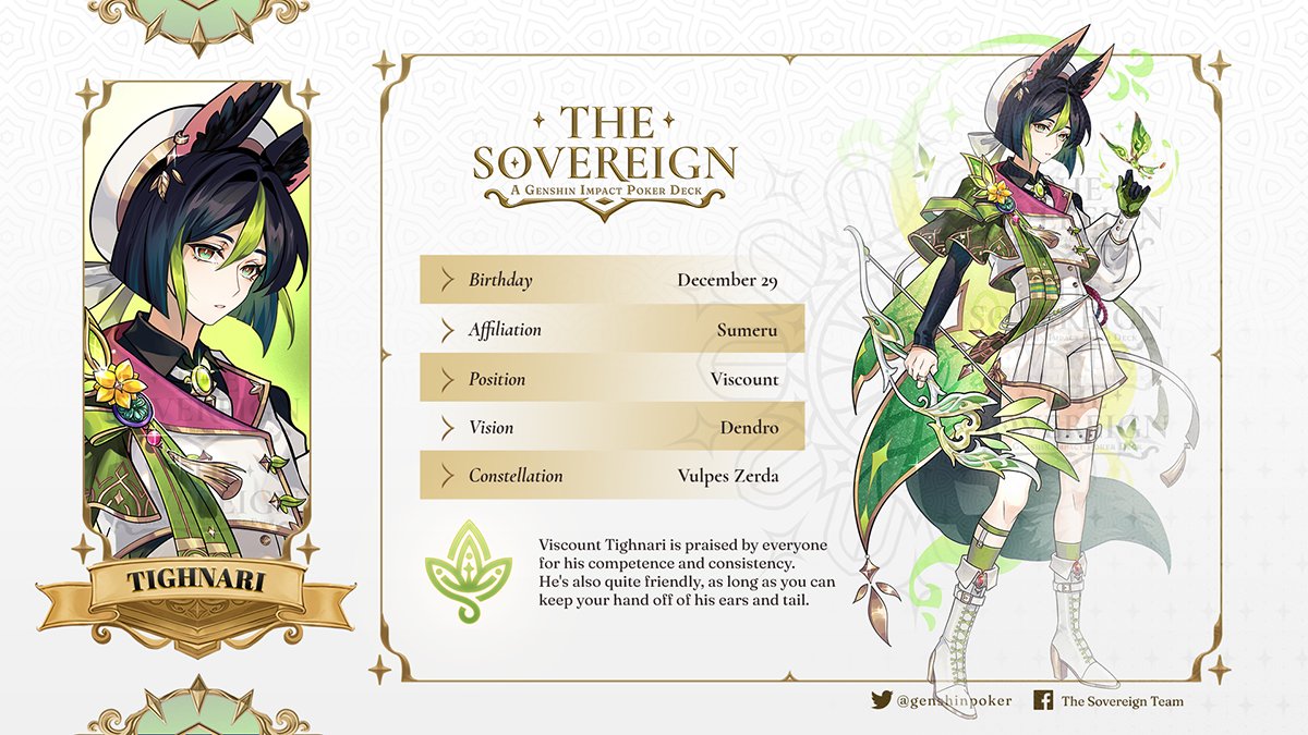 JACK CARD: Tighnari

Viscount Tighnari is praised by everyone for his competence and consistency. He's also quite friendly, as long as you can keep your hand off of his ears and tail.
 #原神 #GenshinImpact #Tighnari