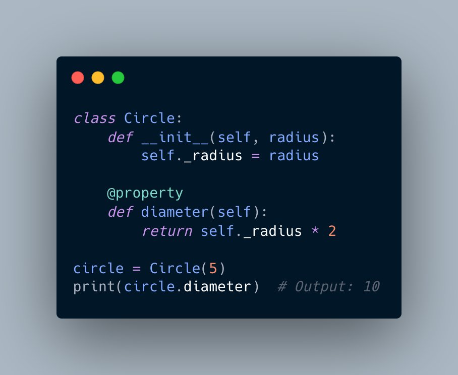 o_ad29's tweet image. Use the @property decorator to create read-only properties in your class, effectively turning a method into a getter without needing to call it like a function. This makes your class API more intuitive and promotes encapsulation. 

#PythonTip #OOP #Python