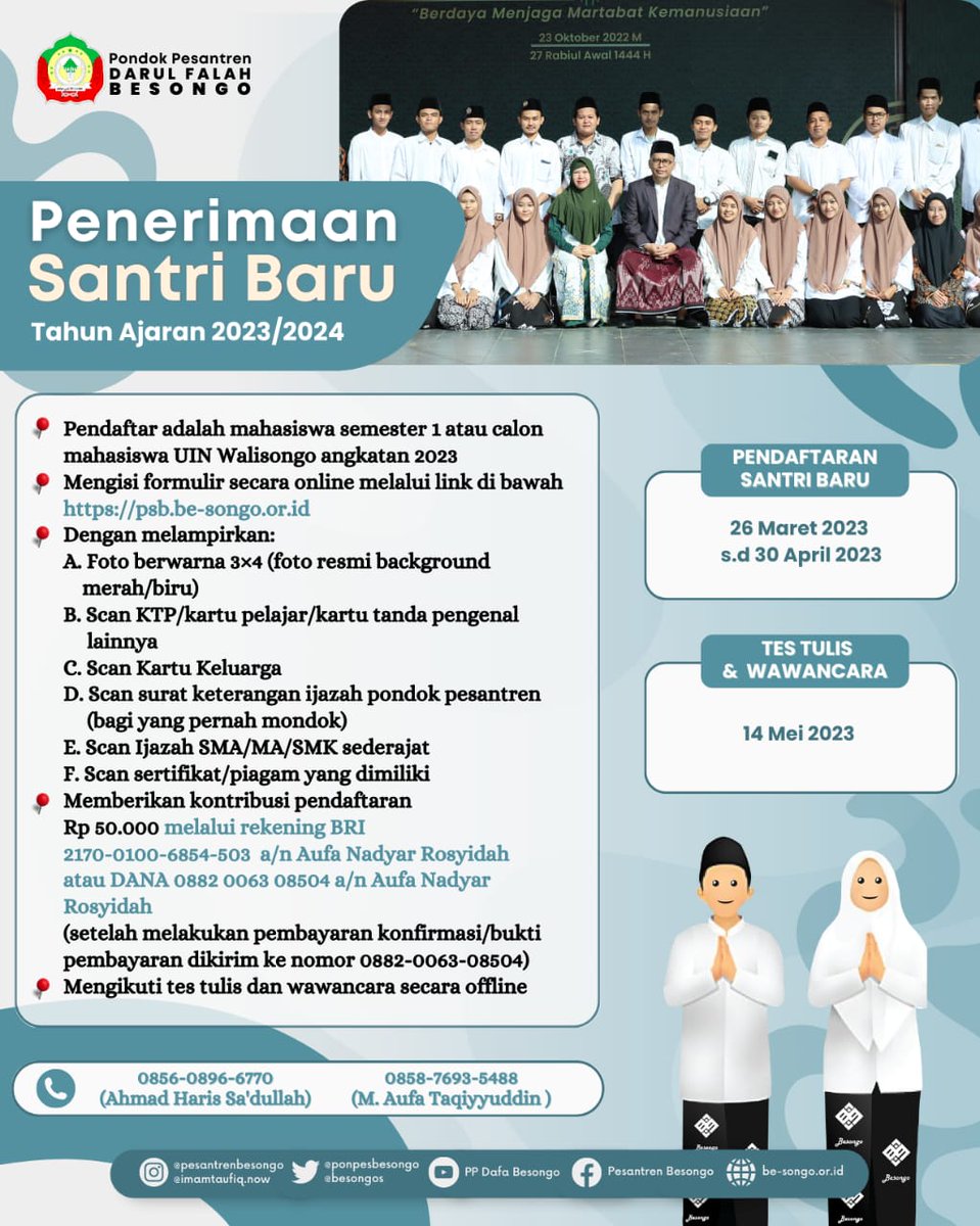 PonpesBesongo's tweet photo. PENERIMAAN SANTRI BARU PONDOK PESANTREN DARUL FALAH BESONGO

Hallo teman-teman 👋🏻😁

Pondok Pesantren Darul Falah Besongo telah membuka pendaftaran Penerimaan Santri Baru tahun 2023 loh😁🙌

Di buka untuk Calon MahasiswBaru atau mahasiswa semester 1 dan 3 UIN Walisongo Semarang https://t.co/jz5NWY2GGA