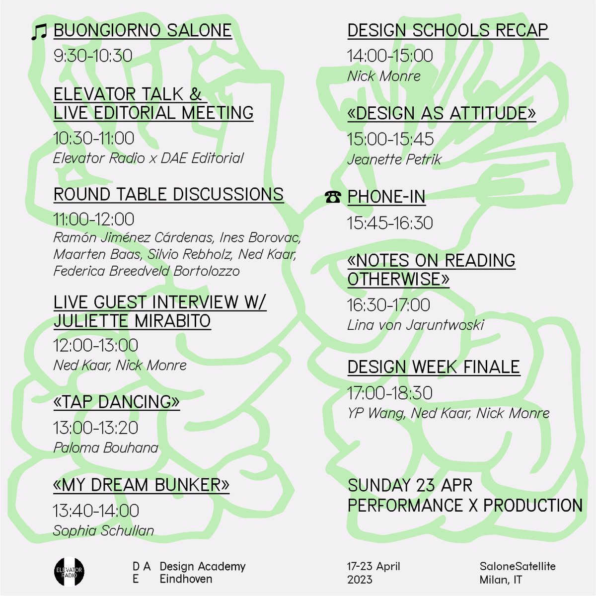 It is the last day of “X” at Salone Satellite and we couldn’t be prouder of the content created and broadcasted throughout the week!

TUNE IN THROUGH: elevatorradio.network