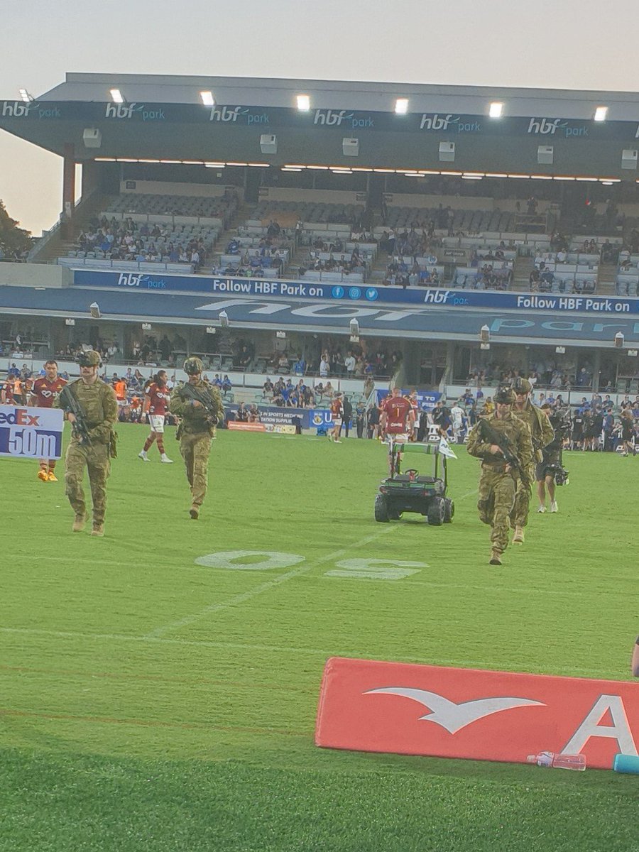 KevinKlonker's tweet photo. It was literally Fortress Force at @hbfpark last night.
The @AFGRIAU John Deere ball carrier gets an armed escort post ANZAC commemorations.
And an awesome win by the @westernforce !! Super atmosphere. #SuperRugbyPacific #FORvHIG #seaofblue #forceforever https://t.co/OyAsqNKAcK