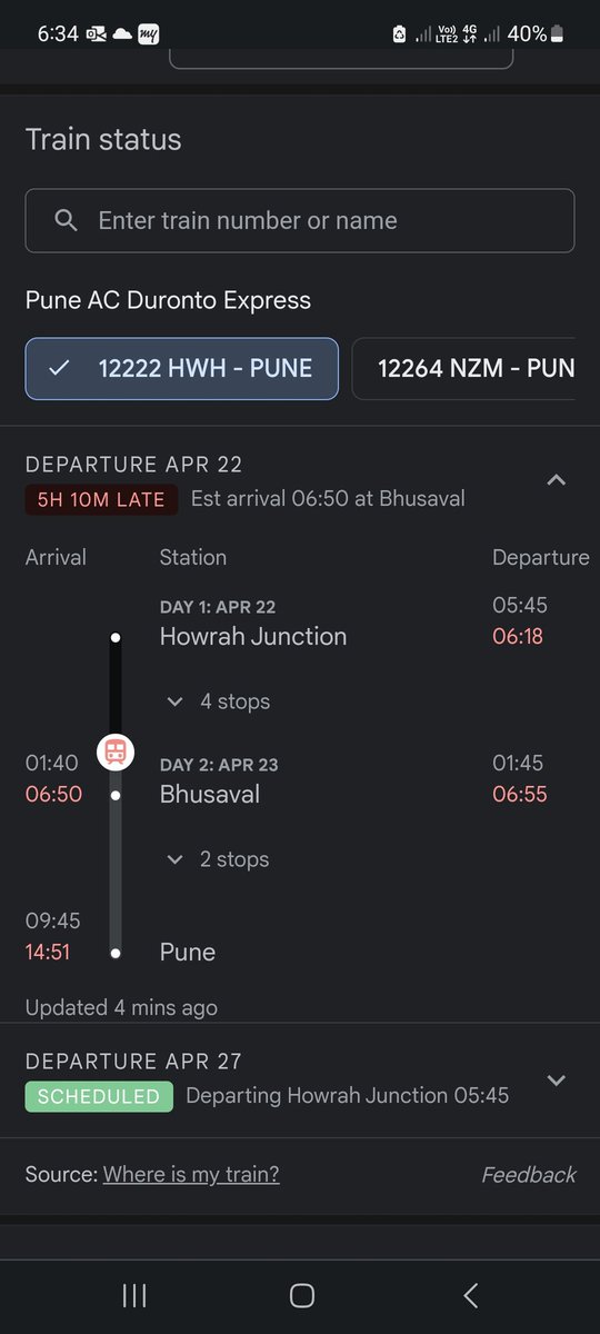 samir_1911's tweet photo. On 20th April, lastly, Howrah -Pune duranto was delayed by 15 hours. 
On 22nd April is running late by 5 hours. 
These delays are frequent 
 recurring. Kindly intervene. @drmpune @AshwiniVaishnaw https://t.co/jxcFlf7YTo