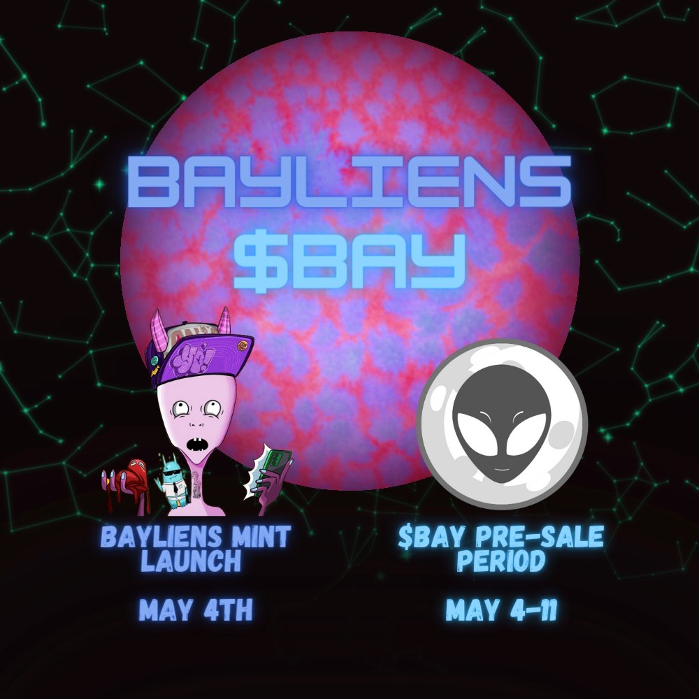 MoonBaySonic's tweet image. 🎉BIG ANNOUCENEMT! 🎉
#BAYLIENS MINT OPENS : MAY 4th  
$BAY PRE-SALE PERIOD : MAY 4-11

Join the Discord :
discord.gg/trippystevedao 👽✨