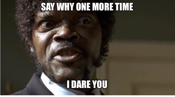 THE_JJK's tweet photo. It’s now Day 4 of the toddler’s vocabulary reduced to a single word. 
This scene has basically played on a loop in my head these last few days.
#joysofparenting #pulpfiction #why https://t.co/LZuONAhMfr