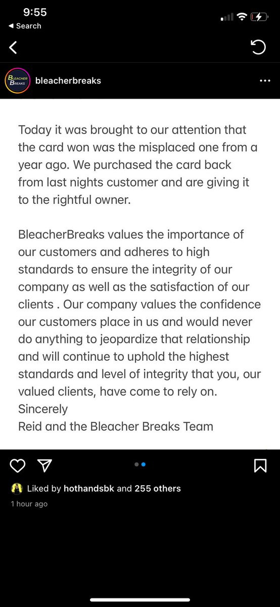 Heres the response from Bleacher Breaks. Saying the card was “misplaced” “due to an unfortunate shipping error” but then saying it was bought in a lot recently from a card show which means the card was sold by whichever person kept the card. <a href="/CardPurchaser/">Card Purchaser</a>