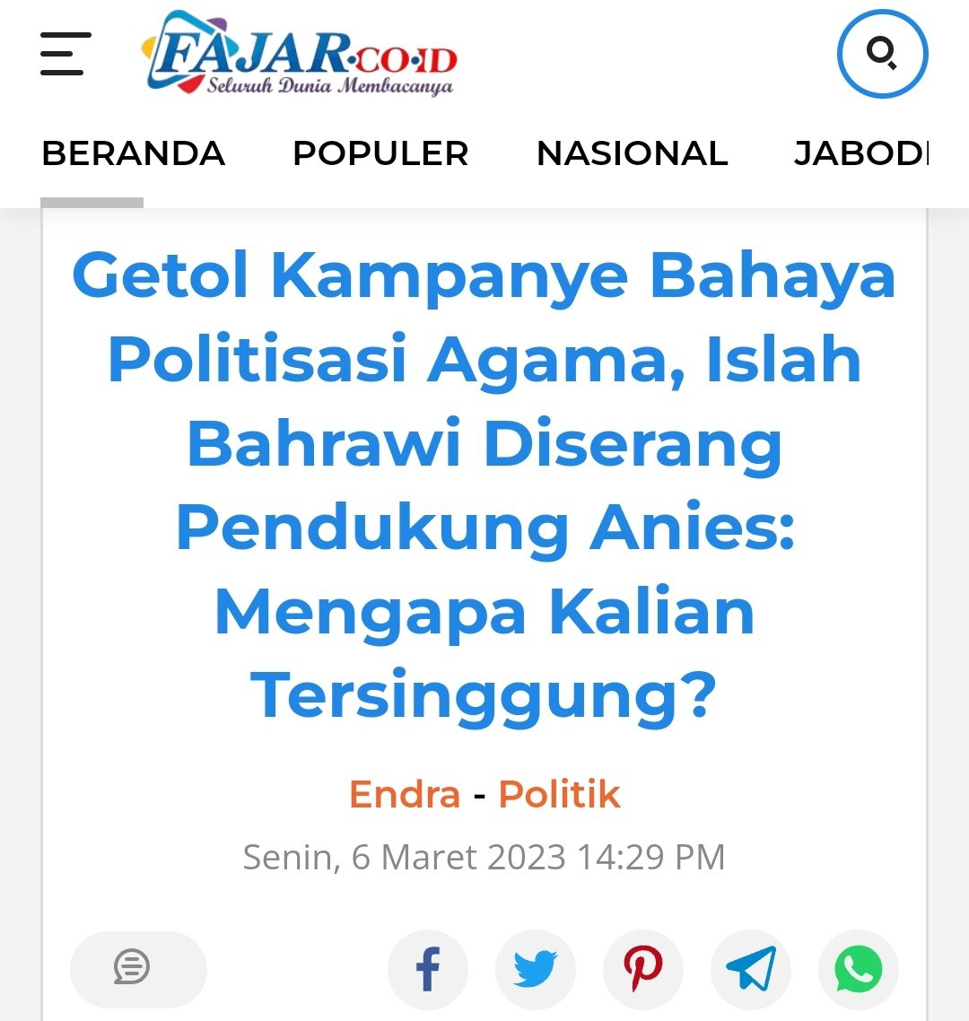 Analisis saya;
1. Ketika saya bicara "Melawan Politisasi Agama", yang tersinggung dan nyerang saya adalah akun-akun Buzzer pendukung Anies.
2. Ketika saya bicara "Melawan Radikalisme &amp; Terorisme", yang nyerang saya secara pribadi dan nyinyir "penjual radikal-radikul" pun setelah