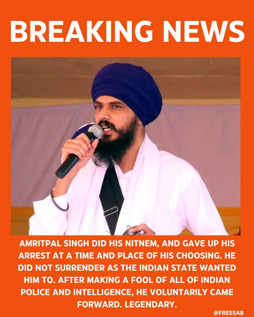 free5ab's tweet photo. Many are viewing this as a breath of fresh air. Indian Police has officially lost the the opportunity to kill Amritpal Singh in a fake encounter, as he came forward in front of sangat today https://t.co/H6MQjUy1MS