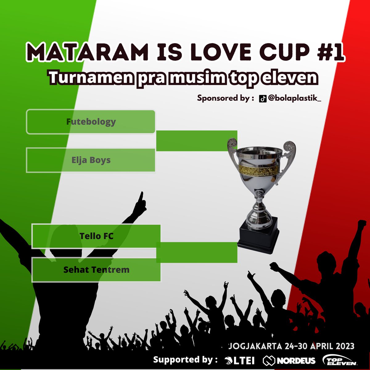 Jadwal pertandingan MATARAM IS LOVE CUP #1
***
SEMI FINAL :
25-26 April 2023 : match semi final leg 1

27-28 April 2023 : match semi final leg 2

FINAL :
29 April 2023 : match Final leg 1
30 April 2023 : match Final leg 2

#mataramislovecup by: bolaplastik_ (tiktokk)
