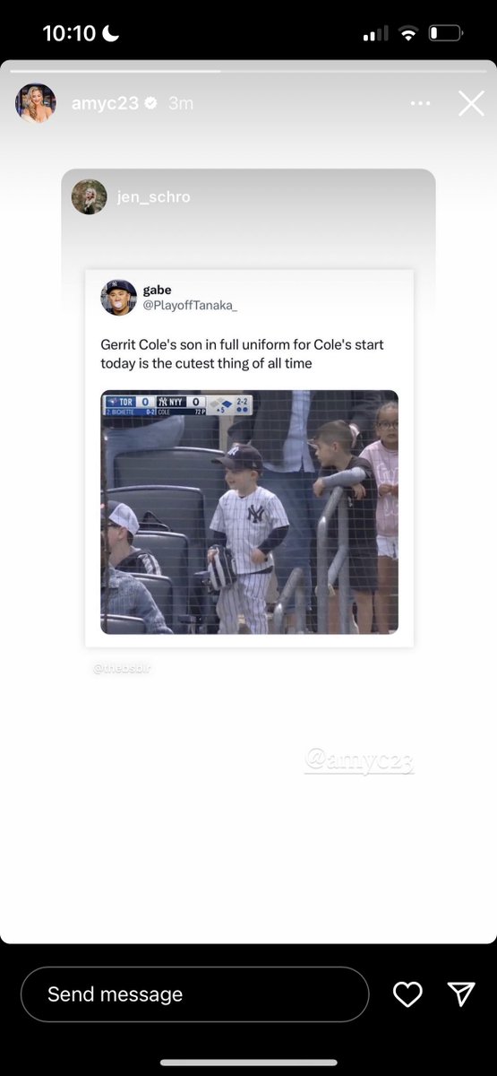 RT @PlayoffTanaka_: GERRIT COLE’S WIFE AMY REPOSTED MY TWEET THIS IS SO COOL https://t.co/E0XWaLlTLV