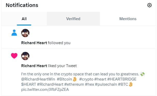 We are so happy to see the founder of $HEX and our idol <a href="/richardheart/">hayley collachi</a> recognize our community and the work of our devs. <a href="/HeartBridgeERC/">Heart Bridge Coin</a> is a premier partner of $pulse. It was so amazing to see Richard follow and like one of our member's tributes from the $HEART @FanRichardHeart