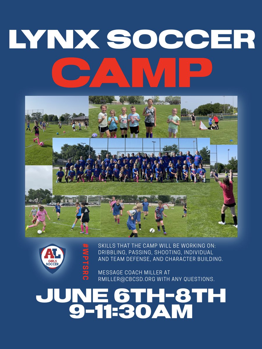 The Lynx Soccer Camp returns for Summer 2023! 
June 6th-8th! 
For kids entering grades 1-8!

Two ways to sign up:
Mail-in/Drop off: docs.google.com/document/d/17D…

Google Form: forms.gle/V78ipHVVmDafrV…

#WPTSRC