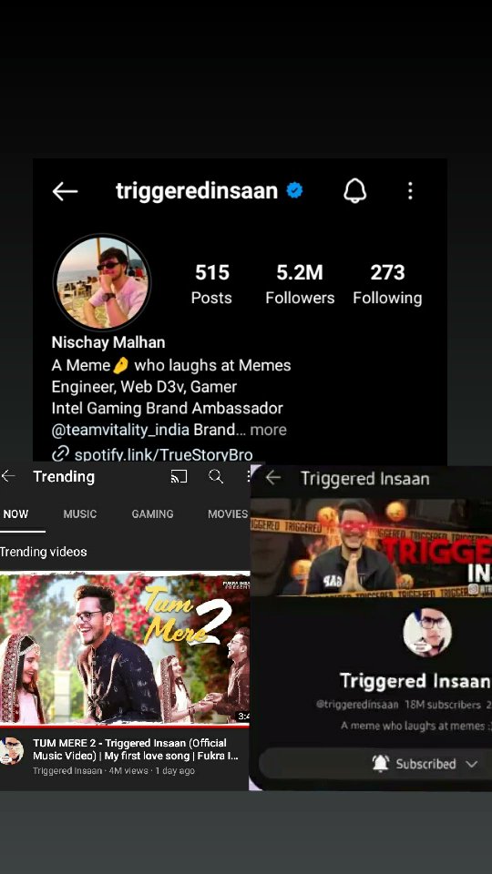 TriggeredXJah's tweet photo. Too much of things to celebrate ❤
18M on Triggered Insaan channel 
5.2M on instagram And Tum mere 2 is still trending on Yt's main page 
@TriggeredInsaan congratulations to you you have three reasons to celebrate your happiness ❤❤ https://t.co/lJgYo4iRdE