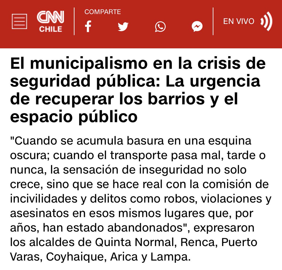 🍃🏡☘️ L@s invito a leer la columna en <a href="/CNNChile/">CNN Chile</a>, que trabajamos en conjunto a los ediles <a href="/cn_castro/">Claudio Castro Salas</a>  <a href="/karydelfino/">Karina Delfino Mussa</a>, <a href="/TomasGarate/">Tomás Gárate Silva</a>, @jonopazo y <a href="/Gerardo_Arica/">Gerardo Espíndola</a> abordamos la crisis de seguridad pública y la urgencia de recuperar los barrios y el espacio público. 📲👉🏼