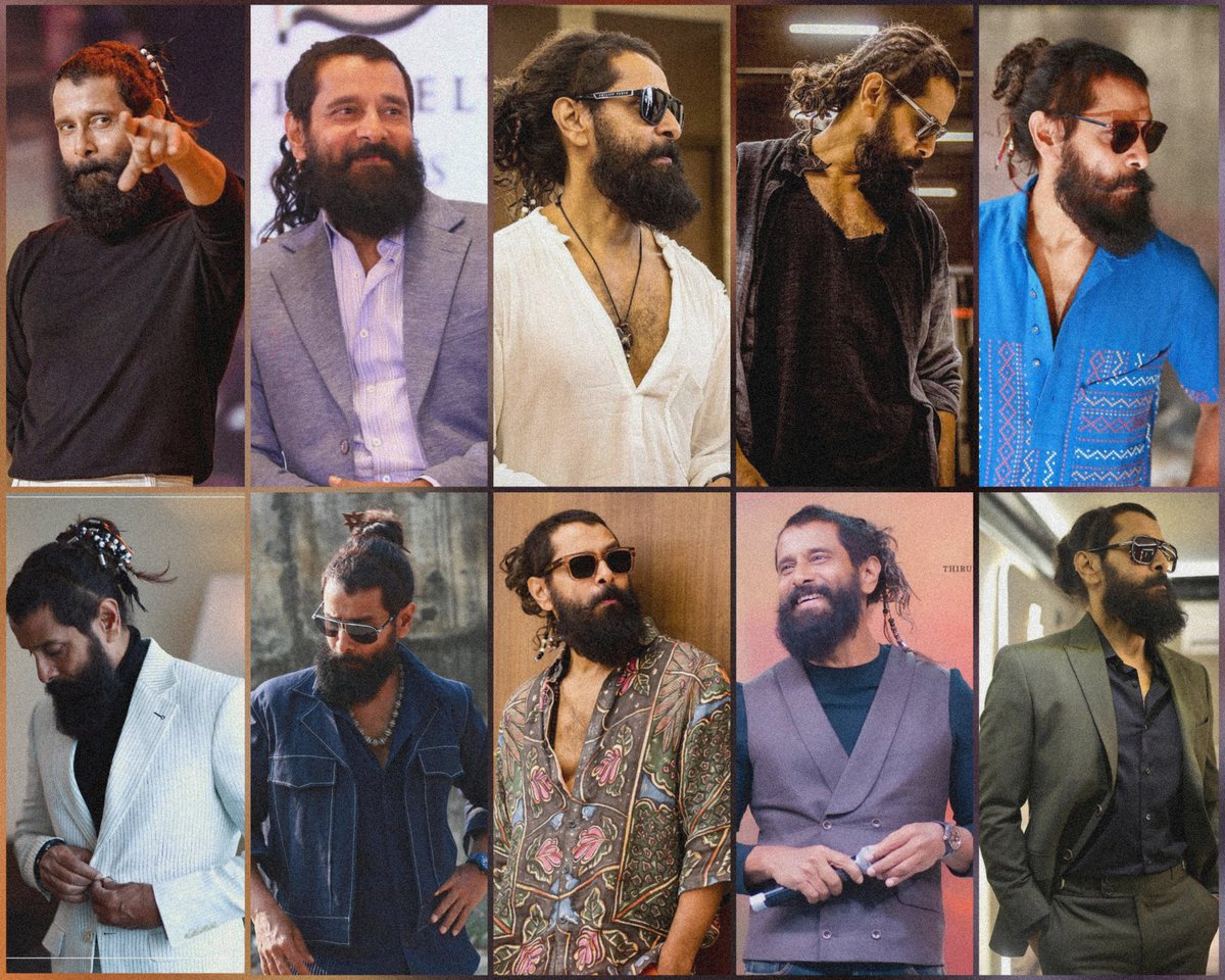 Chiyaanajith7's tweet photo. #PSTour @chiyaan everyday different types of hair style and dressing style 💥 #PS2 #ChiyaanVikram #Thangalaan #PonniyinSelvan2 https://t.co/8KhzrkVOK6