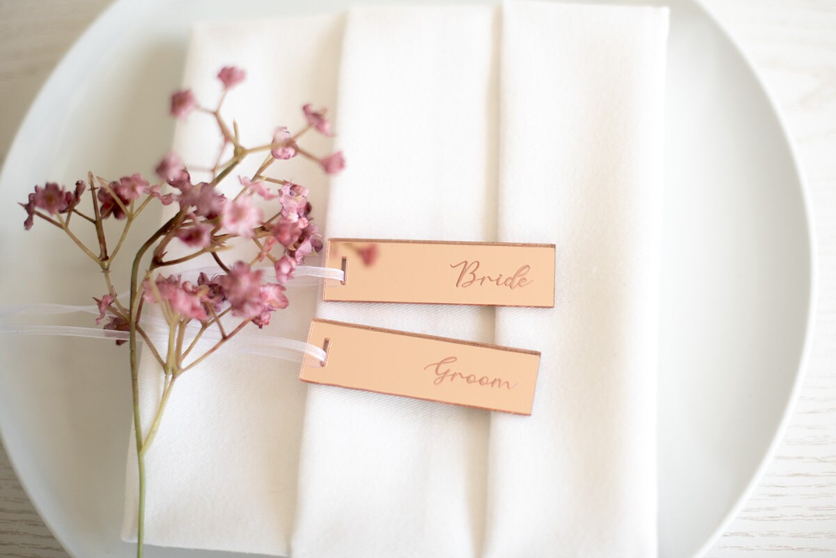 Rose Gold Mirror Acrylic Lasercut Wedding Name Place Settings tuppu.net/4caf8e42 #HoneywellGifts #Etsy #WeddingTableDecor