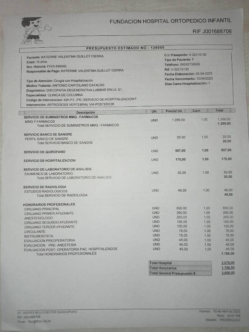 AlexaGomezDos's tweet photo. Katherine tiene 16a y debe ser operada lo antes posible,para realizarle una disectomia L5-S1 y colocacion de un Sistema para artrodesis y así disminuir el dolor, descomprimir estructuras nerviosas y evitar daños neurológicos irreversibles. Su familia nos envía su campaña.Gracias https://t.co/zG6j25yPNL