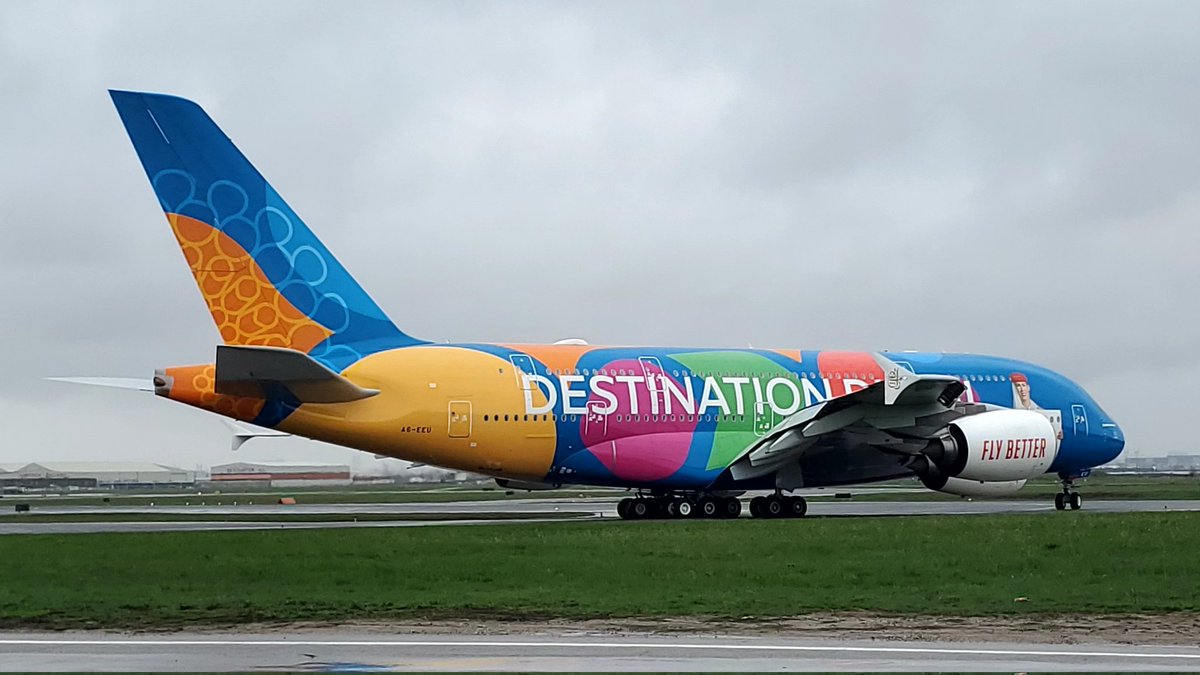 veryboeing's tweet photo. Emirates #A380 -861 #A6EEU 'Destination Dubai' livery departing Rwy 23 at CYYZ https://t.co/lHWXzxKx1d