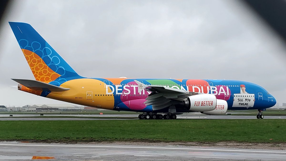 veryboeing's tweet photo. Emirates #A380 -861 #A6EEU 'Destination Dubai' livery departing Rwy 23 at CYYZ https://t.co/lHWXzxKx1d
