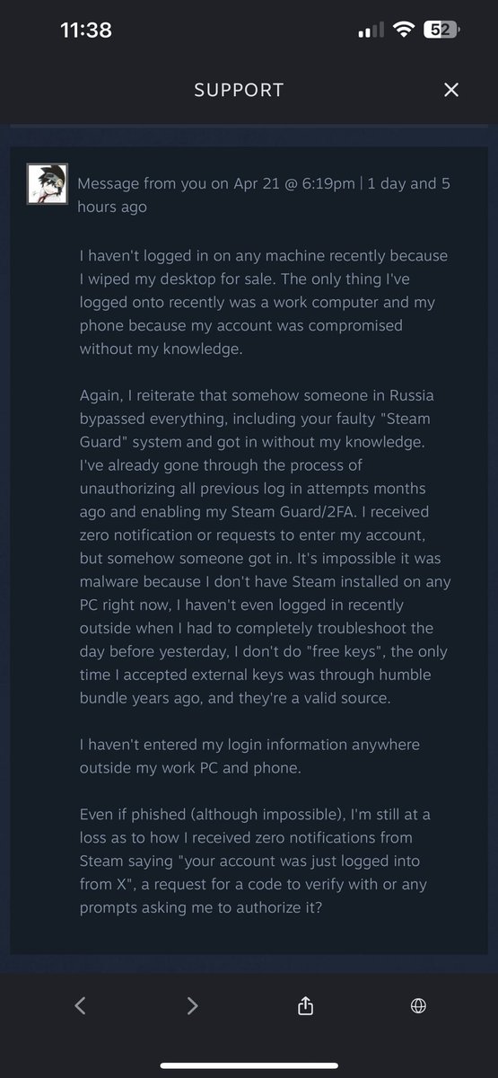 JayXsane's tweet photo. @Steam I used to look up to your service until your "support" turned into "there is no war in Ba Sing Sae". 

I'm identifying that your service for hijacked, you put the blame on me somehow after explaining it's impossible.

If I lose my account, I'll get a lawyer involved. https://t.co/d4ER2Jl83Z