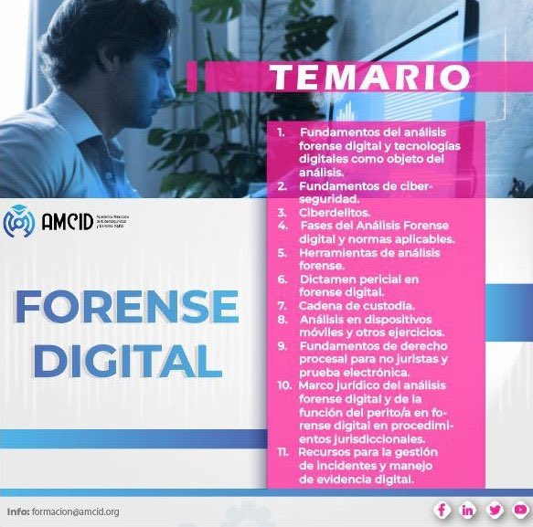 AMCID_Mx's tweet photo. ¿Te interesa el curso Forense Digital pero no eres jurista?👨🏻‍⚖️
No es problema, nuestro plan de trabajo ofrece un acercamiento al marco jurídico del análisis forense digital así como fundamentos de derecho procesal para no juristas

Checa todo el temario y escríbenos para más dudas https://t.co/tpsR9qz3cW