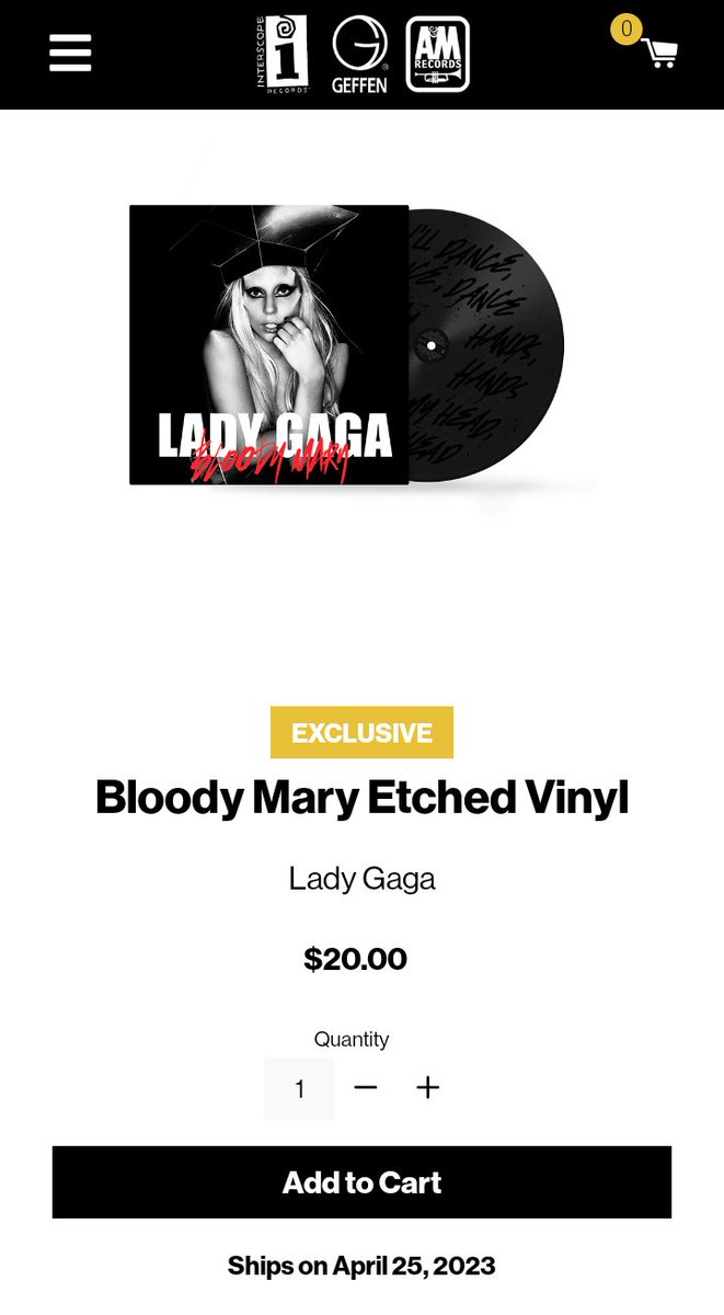 WHAT DID I TELL YOU??

THE BLOODY MARY 12' SINGLE IS NOW BACK IN STOCK ON GAGA'S WEBSITE AND THE INTERSCOPE RECORDS WEBSITE, SHIPPING ON OR AROUND THIS TUESDAY, APRIL 25th 

VERY LIMITED QUANTITIES

( 1 of 2 ) #RSD #RSD2023