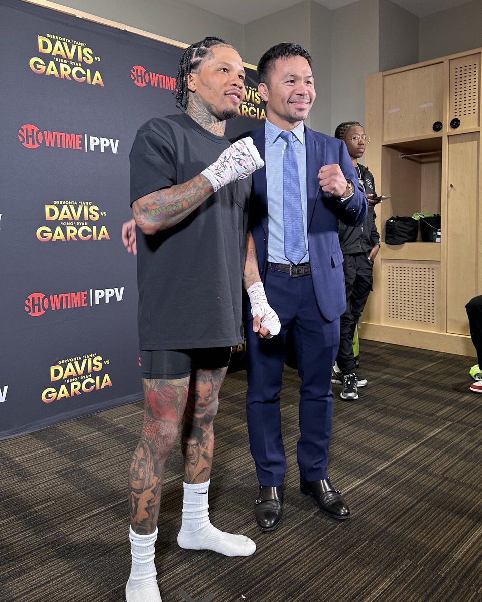 ESPNRingside's tweet photo. Manny Pacquiao visited Gervonta Davis in the locker room before his fight with Ryan Garcia 🤝 #DavisGarcia https://t.co/oY7JssdCmp