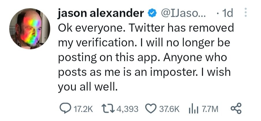 Shmohawkjg's tweet photo. @IJasonAlexander @StephenKing This is a fake tweet from an imposter. Unfollow https://t.co/RAzHYIfZVA