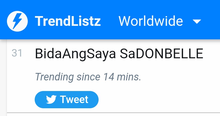 LOOK: #DonBelle is also trending #31 worldwide with more than 11K tweets under pop category!

BidaAngSaya SaDONBELLE

#DonnyPangilinan | #BelleMariano 
#DonBelle | #DONBELLExJollibee