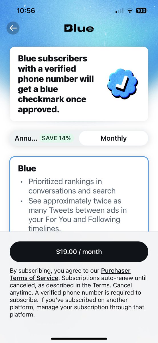 CamHLynch's tweet photo. ‘Fun’ fact! 
#TwitterBlue costs $19 a month in Australia (Roughly $13USD)
I wonder how much extra value we get for paying that much more? 🤔 https://t.co/rPART2hCs0