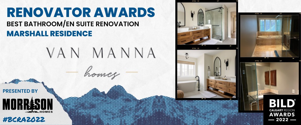 BILDCR's tweet photo. Up next is the Best Bathroom/En-Suite Renovation Award 🛁 Congratulations to the winner, the "Marshall Residence" by @VanMannaHomes 🏆👏 This is an amazing renovation! Thanks to @MorrisonHomes for sponsoring this award.  #BCRA2022 #BILDCR #yycre | @RenoMark_ca https://t.co/40ZDVcaygZ