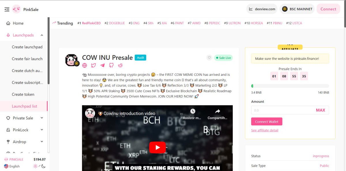 Our presale on Pinksale has started, don't miss out! 🔥 Grab your chance to get in on the ground floor of Cow Inu and join our community today. 🐄💰 #CowInu #Presale #Pinksale

pinksale.finance/launchpad/0x9D…