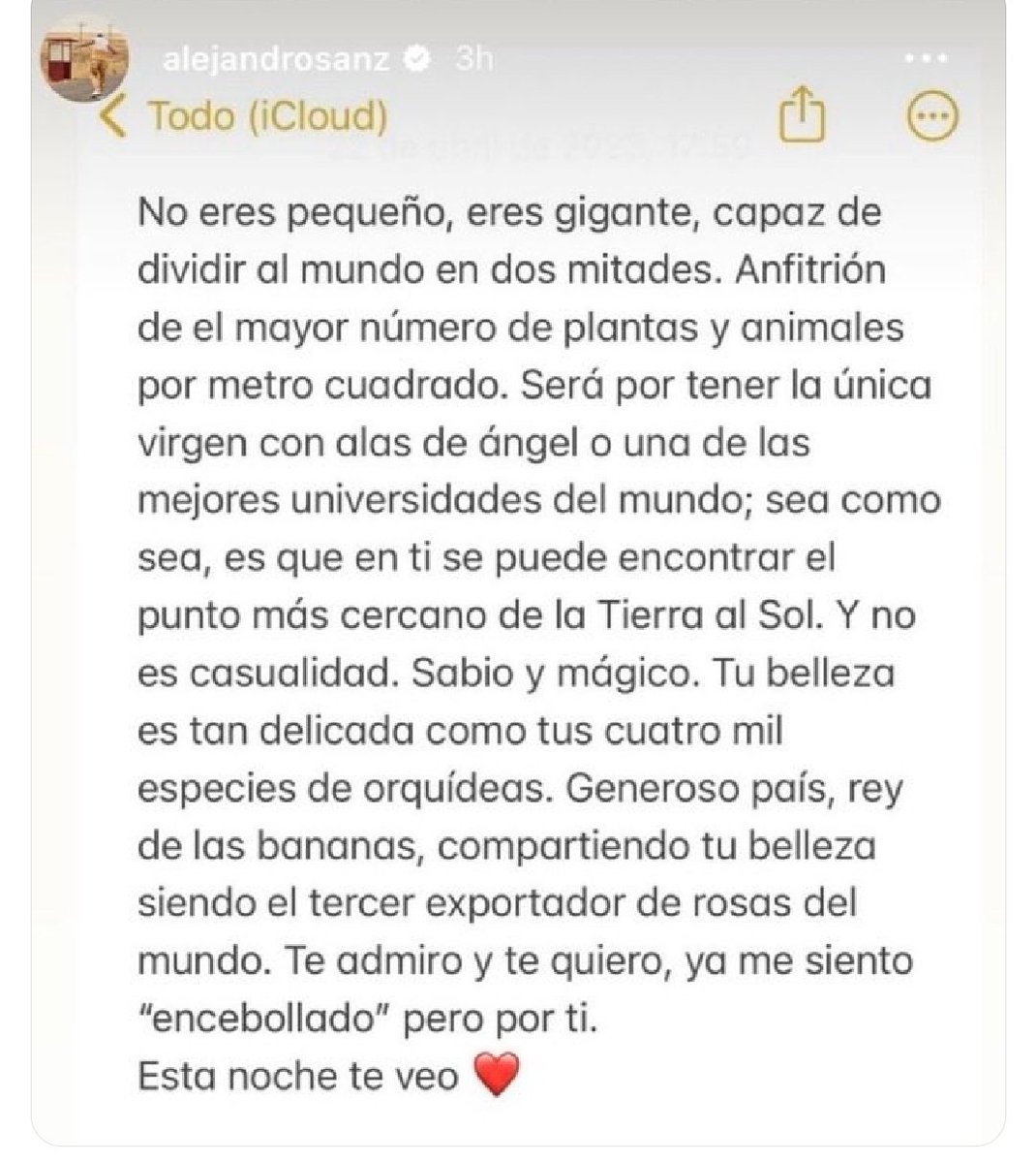 RhidalgoPC's tweet photo. En medio de un ambiente enrarecido por la tragedia, la violencia y una política desilucionante, las palabras que Alejandro Sanz dedica a Ecuador nos recuerda quiénes somos, y porqué tenemos que pelearle a la Patria. https://t.co/N3n3o9UKuZ