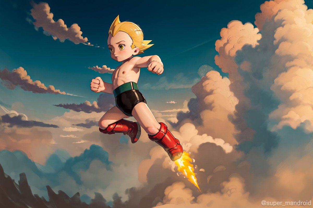 super_mandroid's tweet photo. "Astro Boy, as you fly,
Strange new worlds you will spy,
Atom celled, jet propelled,
Fighting monsters high in the sky!" #Astro_Boy #鉄腕アトム
#AIart #AIartwork #AIillustration #stablediffusion https://t.co/L6tv2kafyV