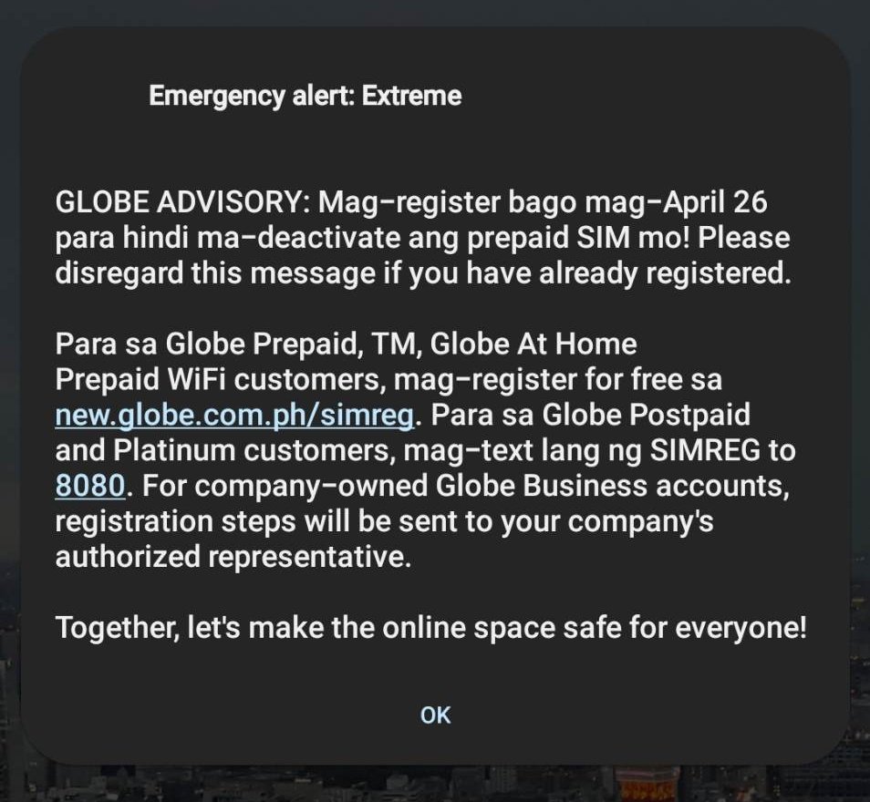 rbcarmen's tweet photo. @enjoyGLOBE @talk2GLOBE i don't think this is the correct way of reminding people to register their SIM cards. The emergency alert was meant for emergencies. I don't think sim registration counts as an emergency. https://t.co/Id342oEYzC