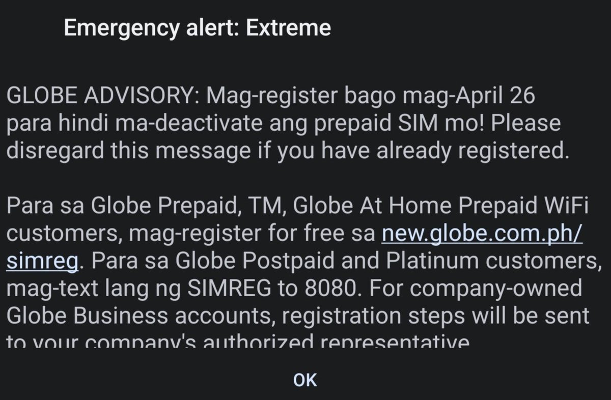 TamayoWenzel's tweet photo. Whoever thought using ACTUAL EMERGENCY SERVICES (you know to alert you of an earthquake, landslide, war etc.) just to remind their user base to register their SIM really needs to rethink what an EMERGENCY is. 

this preconditions peoples to ignore when an actual one happens. https://t.co/s3mhBrqnmx