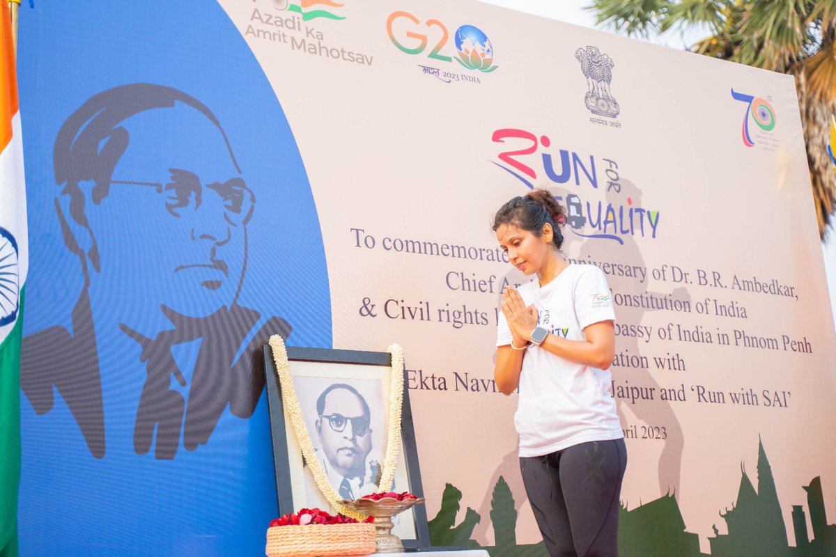 indembcam's tweet photo. On the occasion, Amb @devyani_K paid tribute to Dr. #bhimraoambedkar, father of Indian constitution & highlighted his contributions to 🇮🇳 constitution. @indembcam @IndianDiplomacy @MEAIndia @PeacePalaceKH @CambodiaIndian
#runforequality #AmbedkarJayanti2023 #marathonsunday https://t.co/hrlklE15NQ