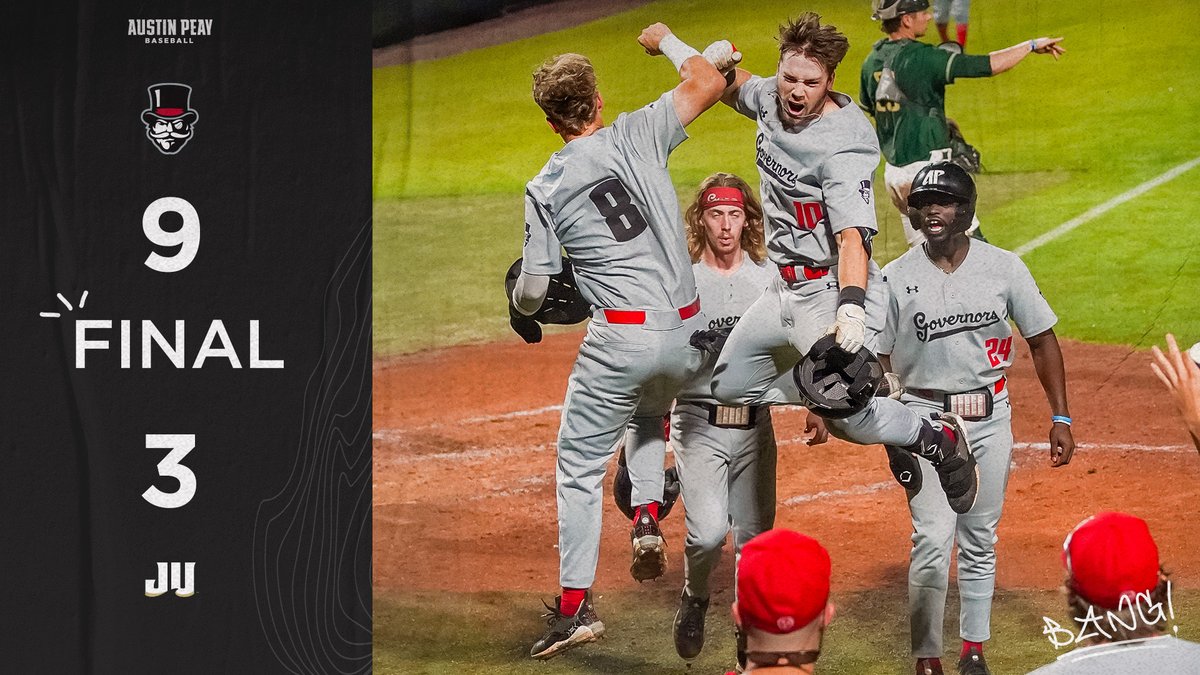 GovsBSB's tweet photo. 𝕾𝖒𝖆𝖘𝖍. 𝕭𝖆𝖓𝖌. 𝕿𝖔 𝖁𝖎𝖈𝖙𝖔𝖗𝖞!

Your #ASUNBSB 𝗳𝗶𝗿𝘀𝘁-𝗽𝗹𝗮𝗰𝗲 Govs clinch the series against Jacksonville on @John_Bay10's granny and @lmg1332's 3-run shot. 

#LetsGoPeay | #⃣🅱️🅰️🆖 https://t.co/ECzoHjDmWH