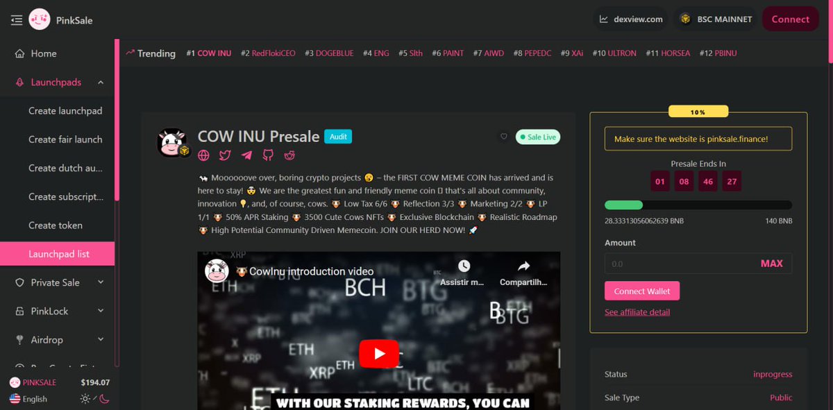 🔥 We started strong! Within minutes, CowInu members showed our name and community strength, and we're already trending in the top positions on Pinksale. 🚀 #CowInu #Trending #Pinksale

pinksale.finance/launchpad/0x9D…