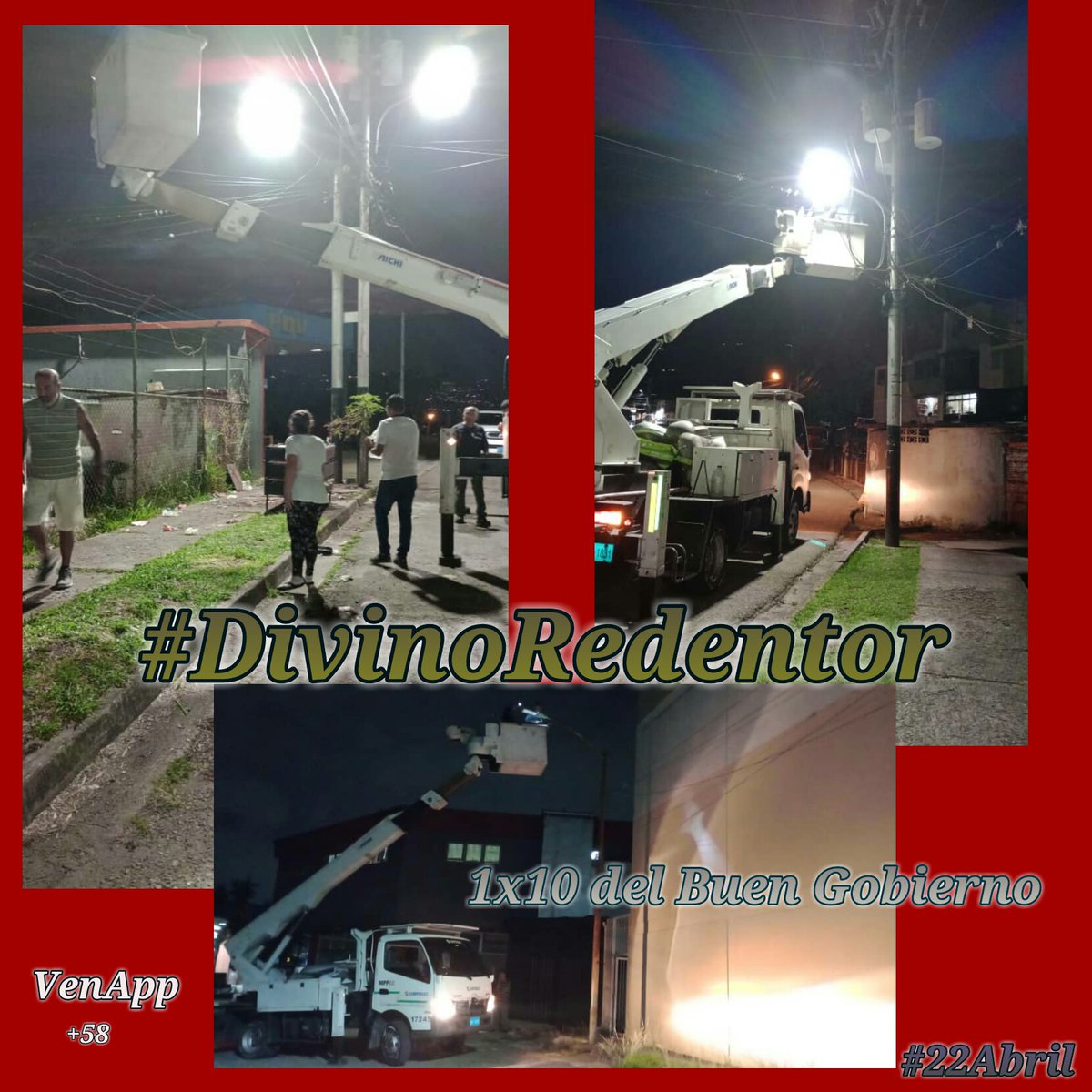 clap_divino's tweet image. #22Abril Cuadrilla de @CorpoelecInfo #Táchira realiza despliegue en atención a comunidad del #DivinoRedentor instalando luminarias para beneficio de 24 familias del Bloque 1. 
#VenApp #1x10DelBuenGobierno #SoyComunicador 
@FreddyBernal @PSUVTachira @tachira_vtv @TuiteroDLPatria