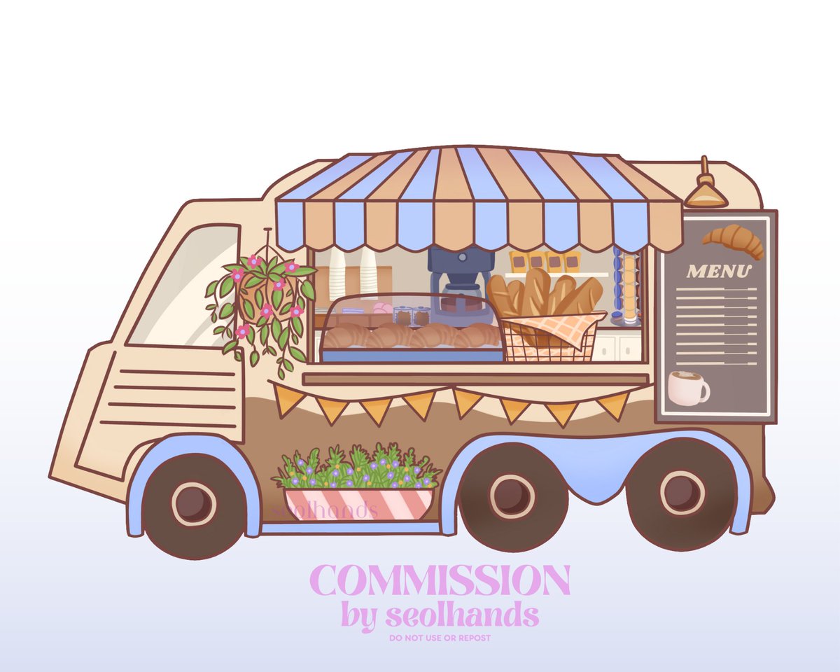 ✧˖° March 2023 Art Commission °˖✧

Our first stop, Paris Food Truck the city of love with lots of baguette &amp; kwasong  (1/5) 🥖🥐☕️

_
 #ArtistOnTwitter #artph #artmoots #foodillust