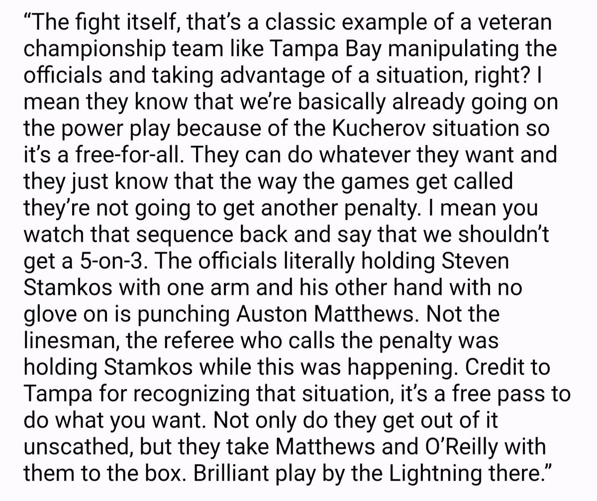 Here's the full quote from Sheldon Keefe on the Stamkos/Matthews fight and his view that #TBLightning were 'manipulating' the officials on that sequence.