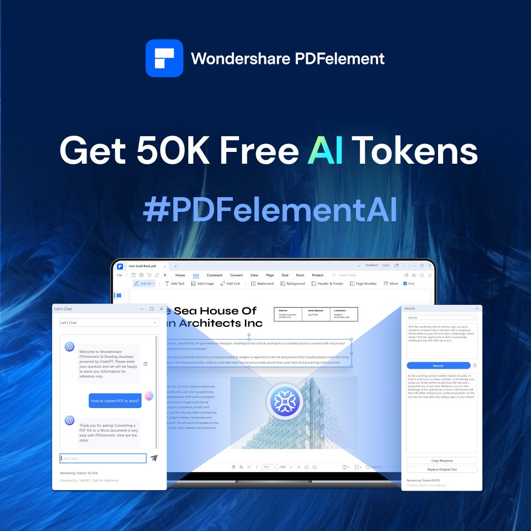 PDFelement's tweet photo. Did you know that as a PDFelement Windows Pro user, you can enjoy up to 50,000 free AI tokens every month? And if you are a trial user, you get 5,000 tokens absolutely free! If you need more tokens to process a complex file? Join our picture-sharing campaign! #PDFelementAI https://t.co/wb6cGUt1Uj