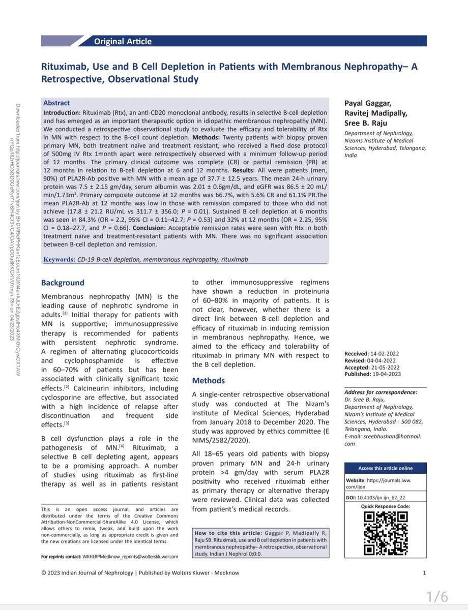 💥Glad to share our experience on "Rituximab and B cell depletion in MN"
🌟 500mg Rtx, 2 doses.
🌟66.7% Remission rates.
🌟No association between B cell depletion and remission.
<a href="/bhushan_sree/">Sree Bhushan Raju</a> <a href="/SwarnalathaGud2/">Swarnalatha Guditi</a>  <a href="/GangadharTaduri/">Gangadhar Taduri</a> <a href="/Shankurology/">Shashank Agrawal</a> <a href="/gadwal_sg/">Shankar Gadwal</a> <a href="/Vijay100912/">Vijaychander</a>