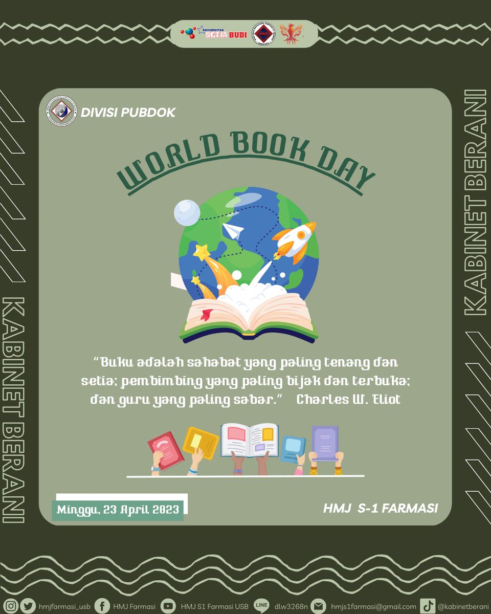 HMJFarmasi_USB's tweet photo. [WORLD BOOK DAY]

— Making It ‘YOUR’ World Book Day —
Adalah tema World Book Day tahun 2023 ini. Melalui tema Hari Buku Sedunia tahun 2023 ini diharapkan terutama bagi mahasiswa dapat menjadi wujud nyata untuk mengkampanyekan akan pentingnya membaca. https://t.co/6cX1tX9nxK