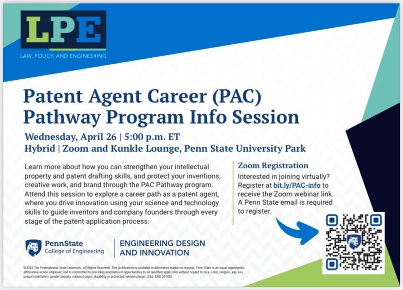 #PennState #Students Happening on Wednesday April 26 at 5 pm: Hybrid info-session on the new <a href="/PSU_LPE/">Law, Policy & Engineering (LPE)</a> online #IP courses, summer #bootcamp in D.C., and #patent agent career pathway program. Register here: psu.zoom.us/webinar/regist… #PSU email required. #Innovation #careerdevelopment