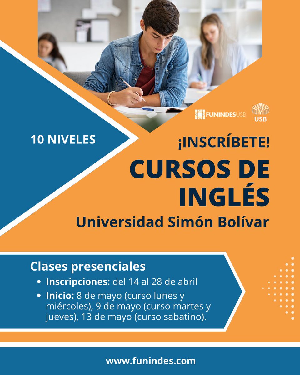funindesusb's tweet image. Funindes y el @dexusb del @campusb abrieron las inscripciones para los cursos presenciales de #inglés, dirigidos a la comunidad universitaria y público general. Inscríbete aquí 👉 funindes.com/cursos_de_ingl…